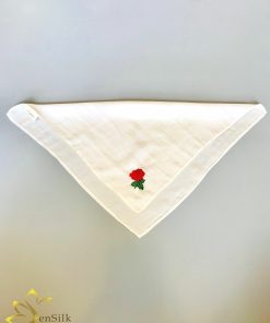 Khăn Mùi Xoa Lụa Thêu Tay Hoa Hồng SenSilk (Trắng)