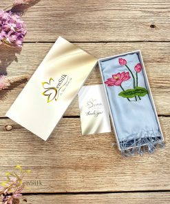 Khăn Lụa Thêu Tay Hoa Sen-Quà Việt Nam (Xanh)