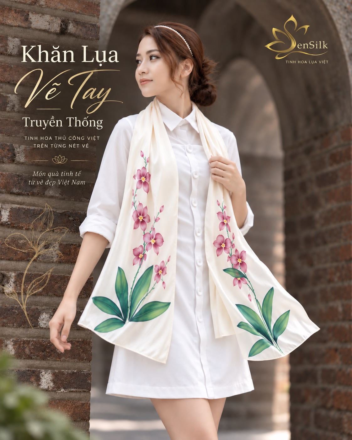 Khăn lụa tơ tằm vẽ tay hoa lan SenSilk với họa tiết hoa lan hồng và lá xanh