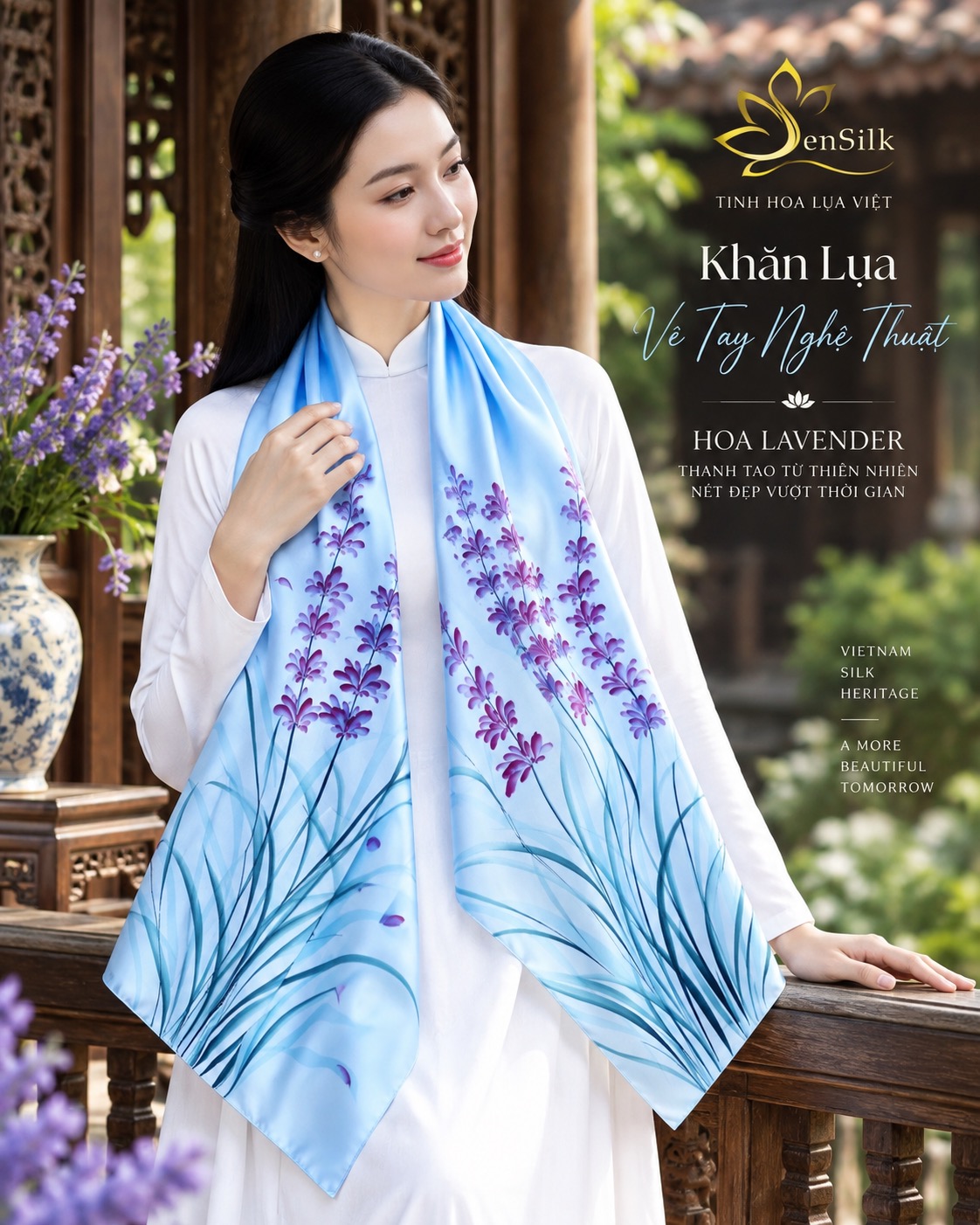 Người mẫu nữ mặc áo dài trắng quàng khăn lụa Hoa Lavender SenSilk