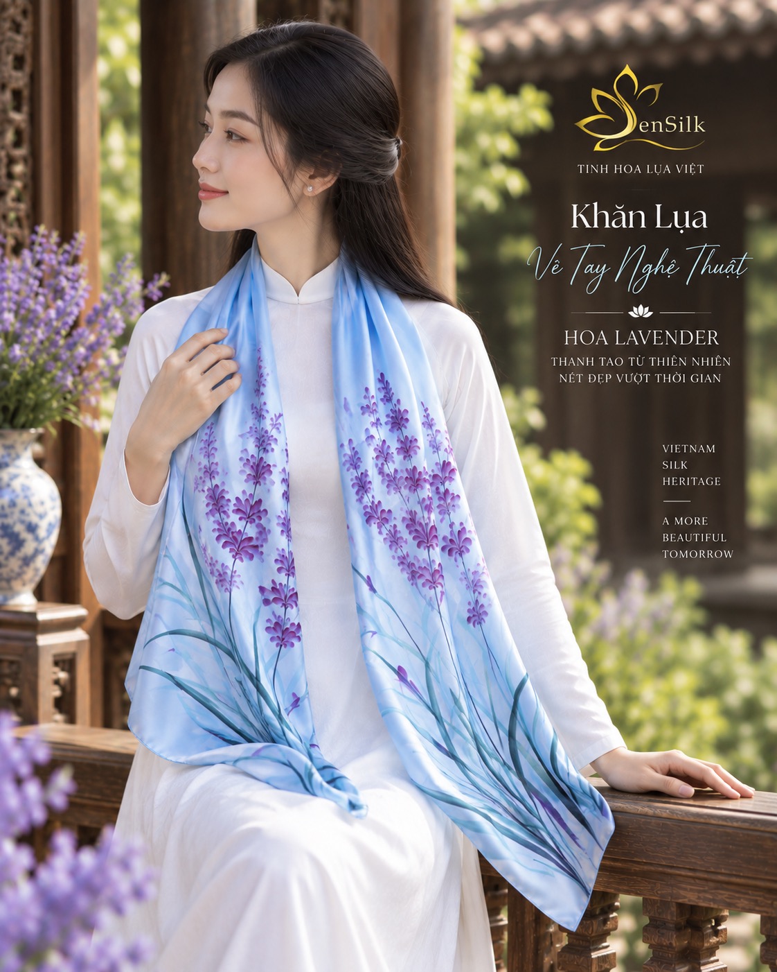 Người mẫu nữ mặc áo dài trắng quàng khăn lụa Hoa Lavender SenSilk Việt Nam