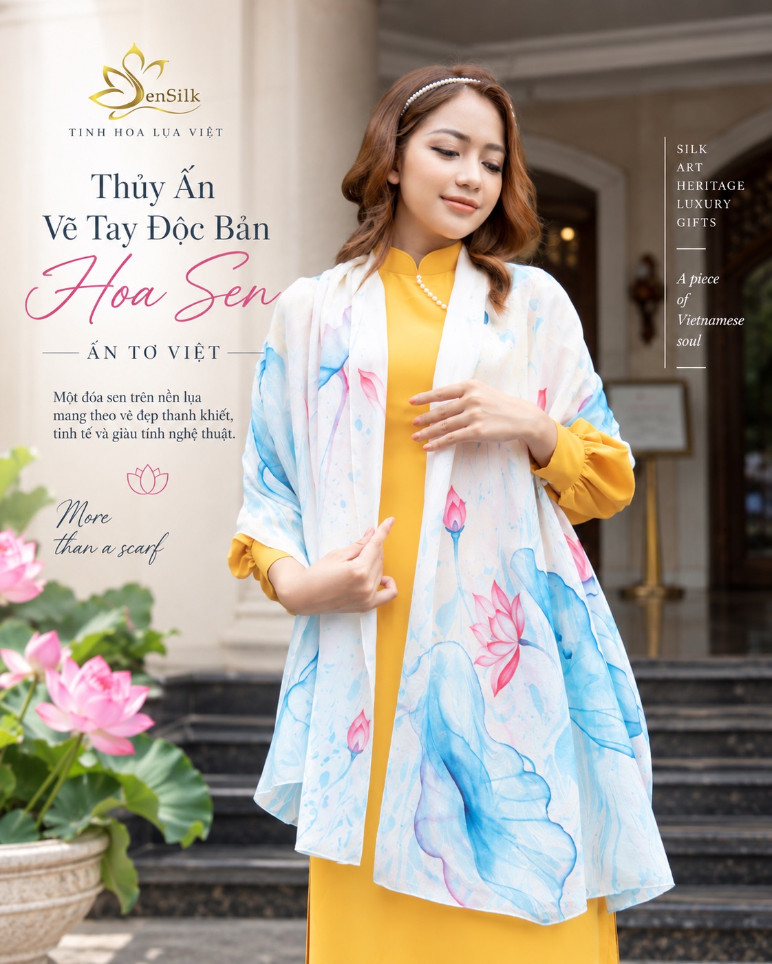 Khăn lụa tơ tằm Thủy Ấn Vẽ Tay Độc Bản Hoa Sen Ấn Tơ Việt SenSilk
