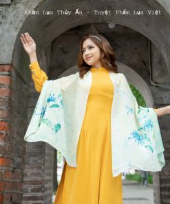 Khăn Lụa Thủy Ấn Vẽ Tay Độc Bản Hoa Cúc Xanh SenSilk | Water Marbling Silk