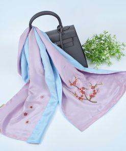 Khăn Thêu Truyền Thống Hoa Đào - Lụa 2 Màu SenSilk