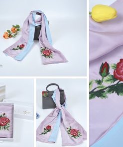 2 Color Silk Embroidery - Khăn Lụa Tơ Tằm Thêu Hoa Hồng Đỏ