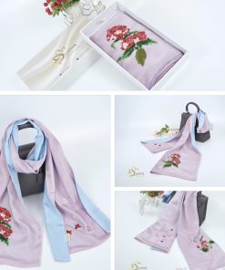 Khăn Lụa Tơ Tằm 2 Màu Thêu Tay Hoa Cẩm Tú Cầu