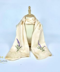 100% SILK Scarf Hand Embroidery - Khăn Lụa Thêu Tay Lavender Sen Silk
