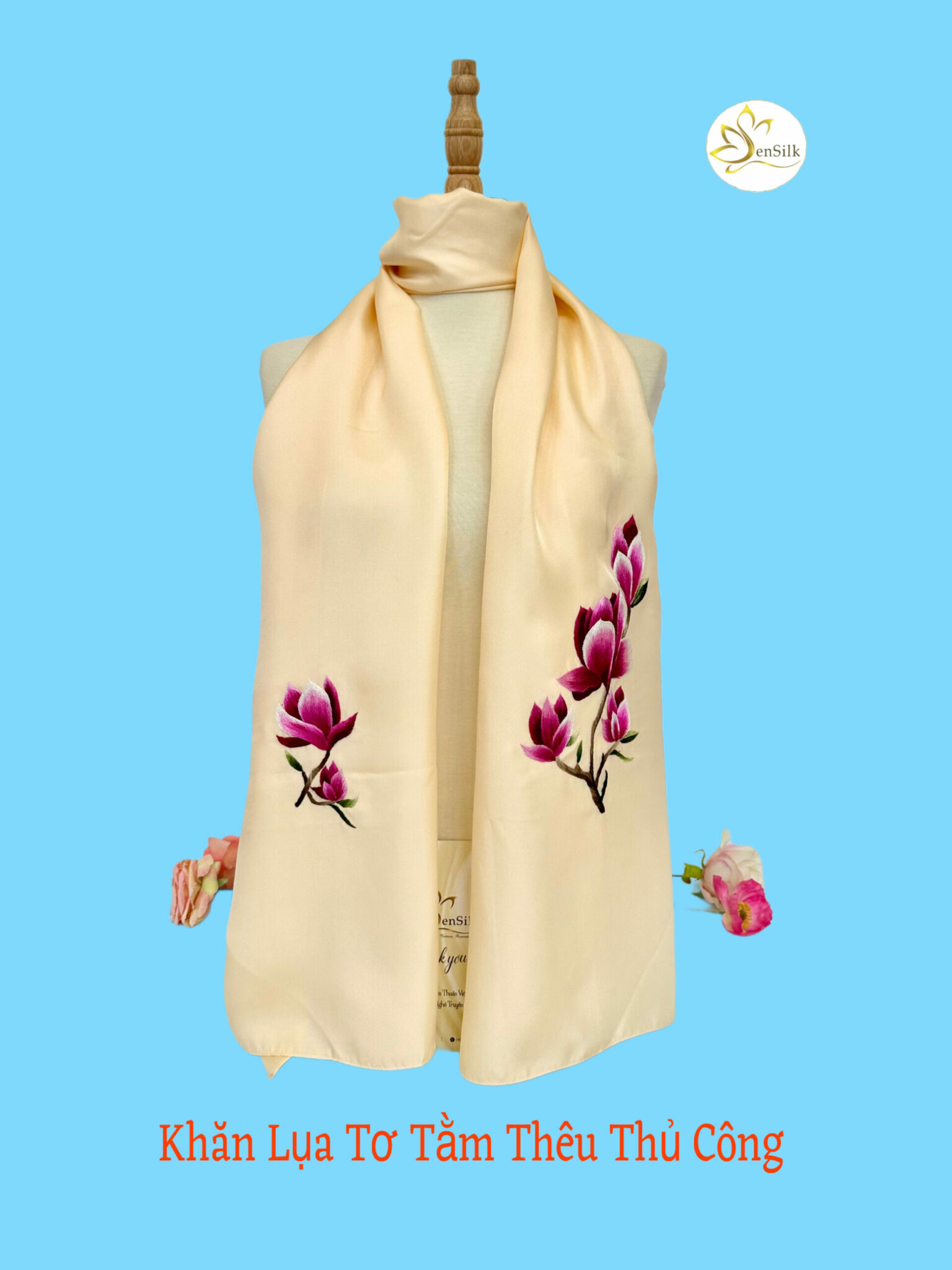 Khăn Lụa Thêu Handmade Mộc Lan - 100% Pure Silk Hand Embroidery