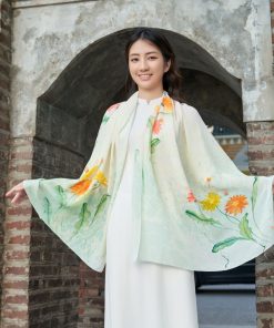 100% Silk Scarf Water Marbled - Thuỷ Ấn Vẽ Tay Hoa Đồng Tiền