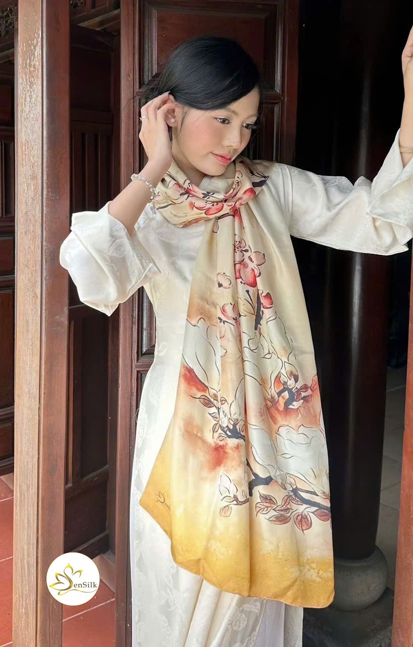 Khăn Lụa in SenSilk Đào Mộc Lan - 100% Mulberry Silk - Vietnam Gift