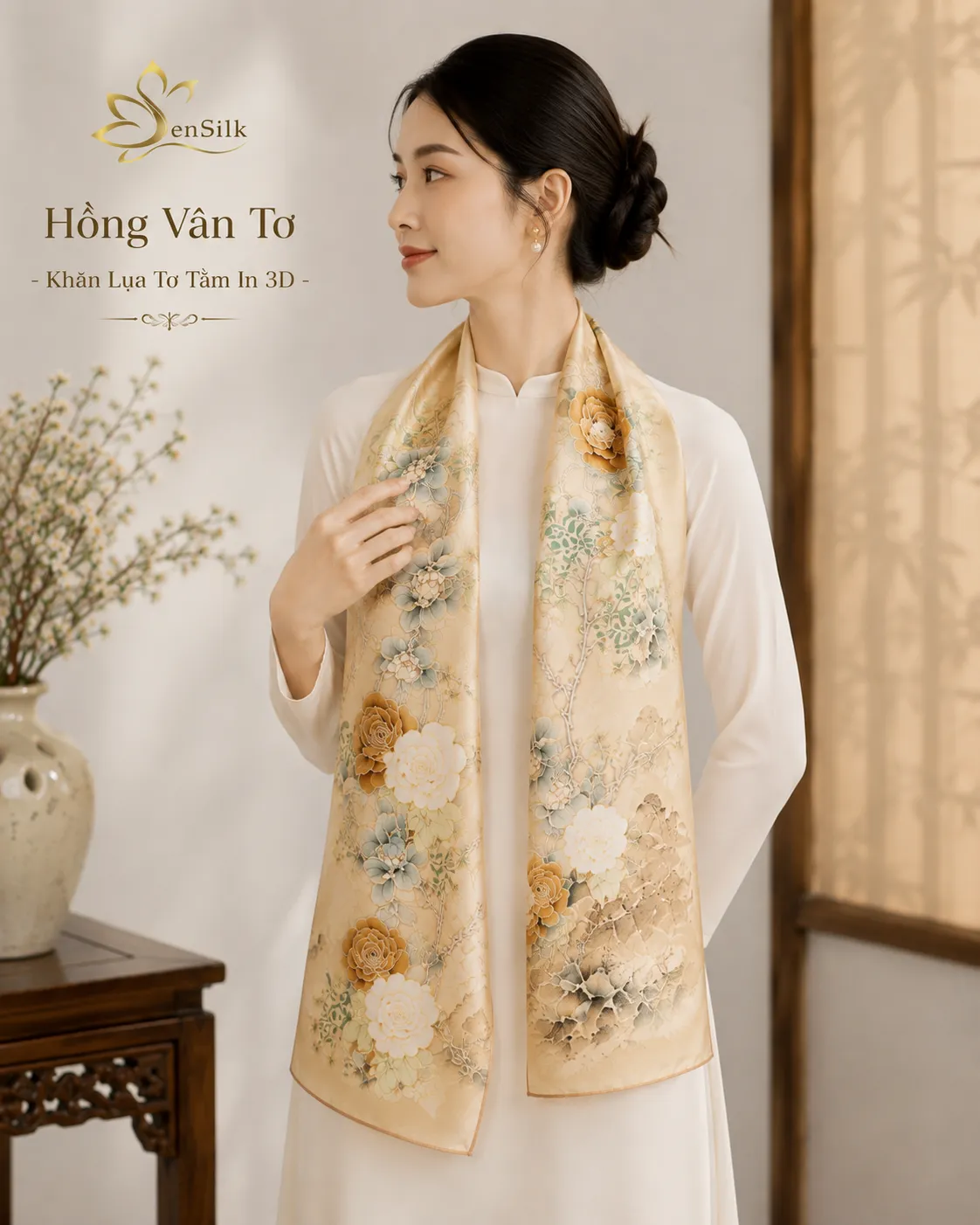 Khăn lụa tơ tằm in 3D Hồng Vân Tơ 180x65cm SenSilk quàng cổ