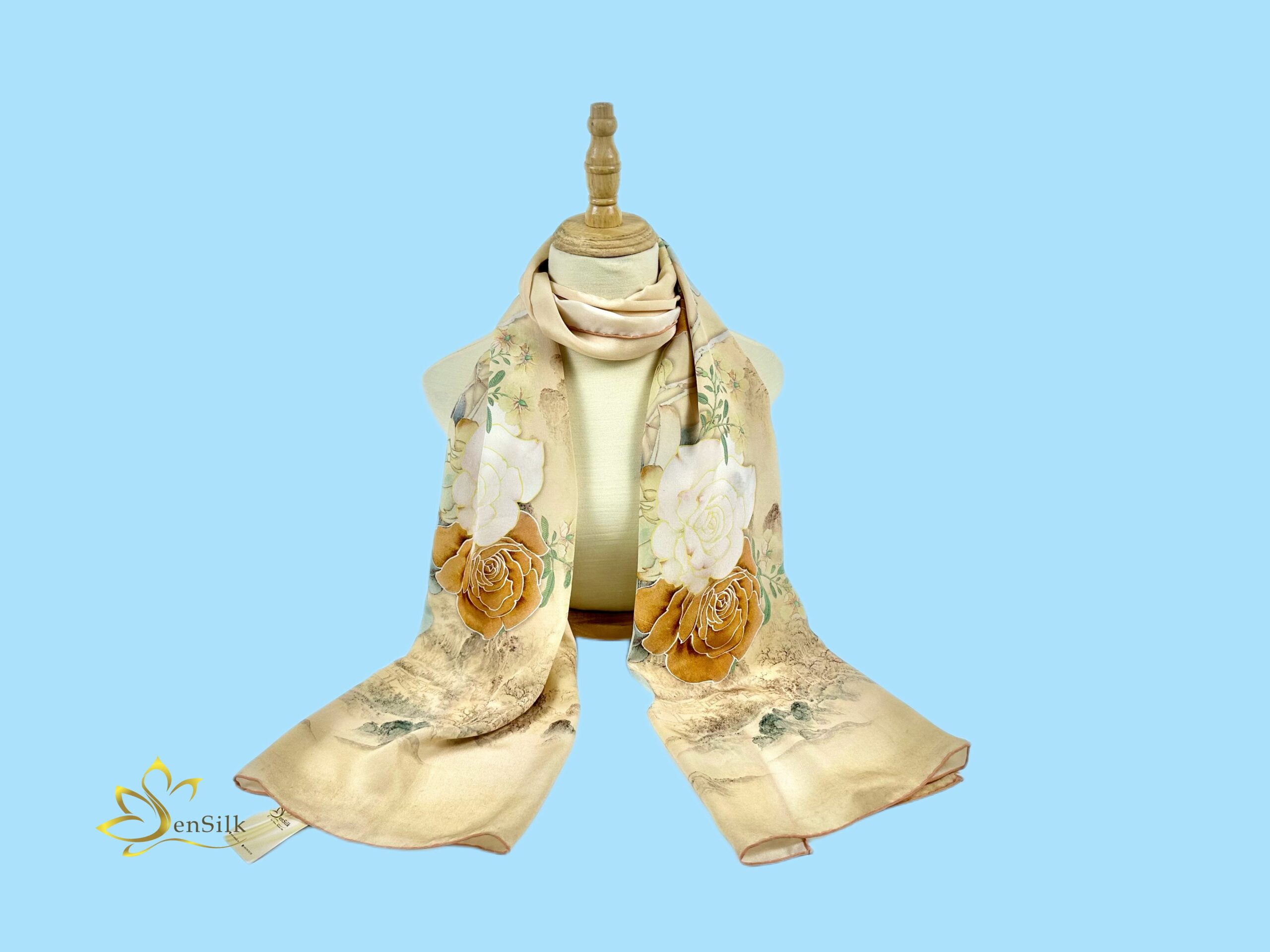 Khăn Lụa Tơ Tằm in KTS Hoa Hồng - Vietnam Silk Print 180x55cm