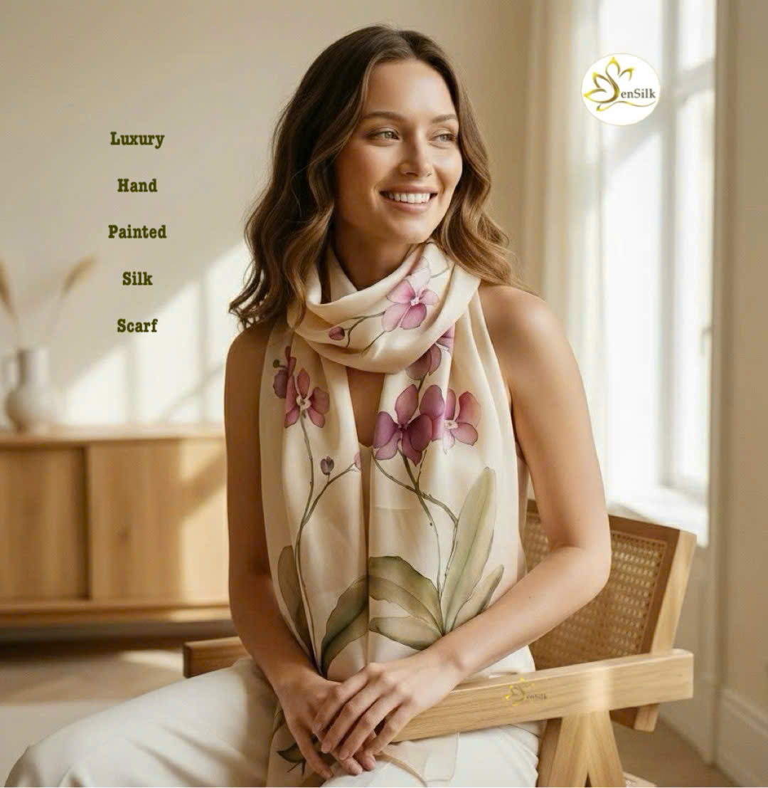 Khăn Lụa Tơ Tằm Vẽ Tay Sen Silk | Quà Tặng Cao Cấp Ý Nghĩa Với Thiết Kế Hoa Lan