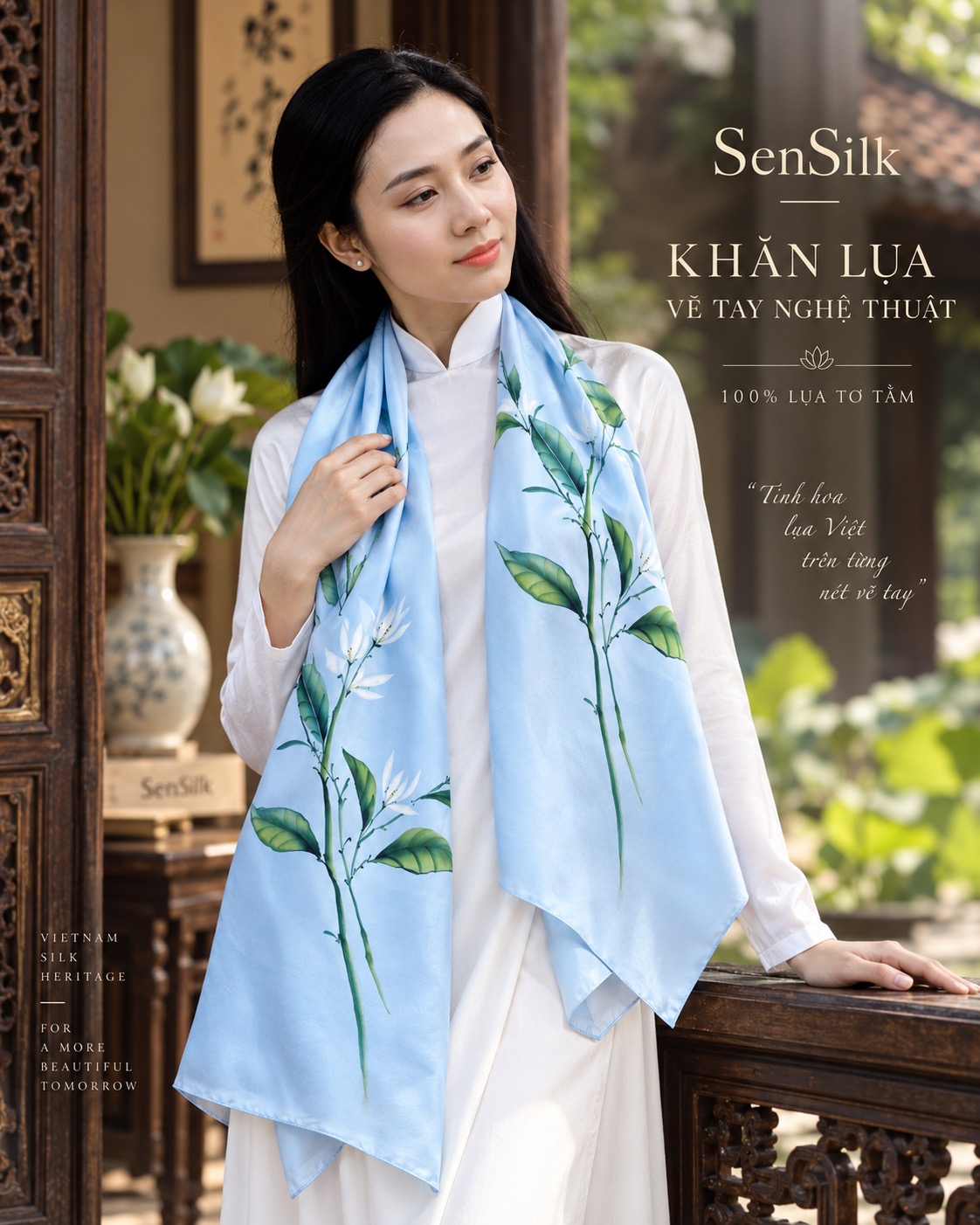 Khăn lụa vẽ tay nghệ thuật hoa Ngọc Lan SenSilk, người mẫu nữ mặc áo dài trắng