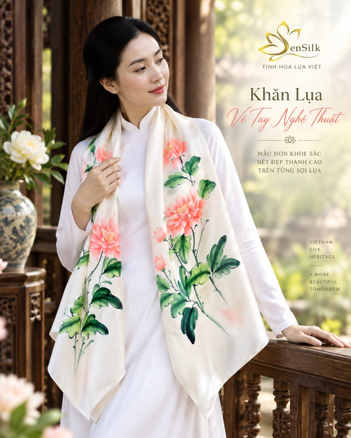 Người mẫu nữ quàng khăn lụa vẽ tay nghệ thuật hoa mẫu đơn SenSilk, kết hợp áo dài trắng cao cấp