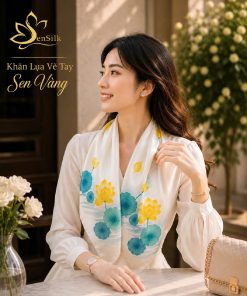Khăn Lụa Vuông Vẽ Tay Hoa Sen Vàng Cao Cấp SenSilk