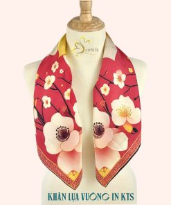 Khăn Lụa Nhà Sen In Hoa Đào 65x65cm - Quà Tặng Lộc Tài - 100% Lụa Tơ Tằm Việt Nam