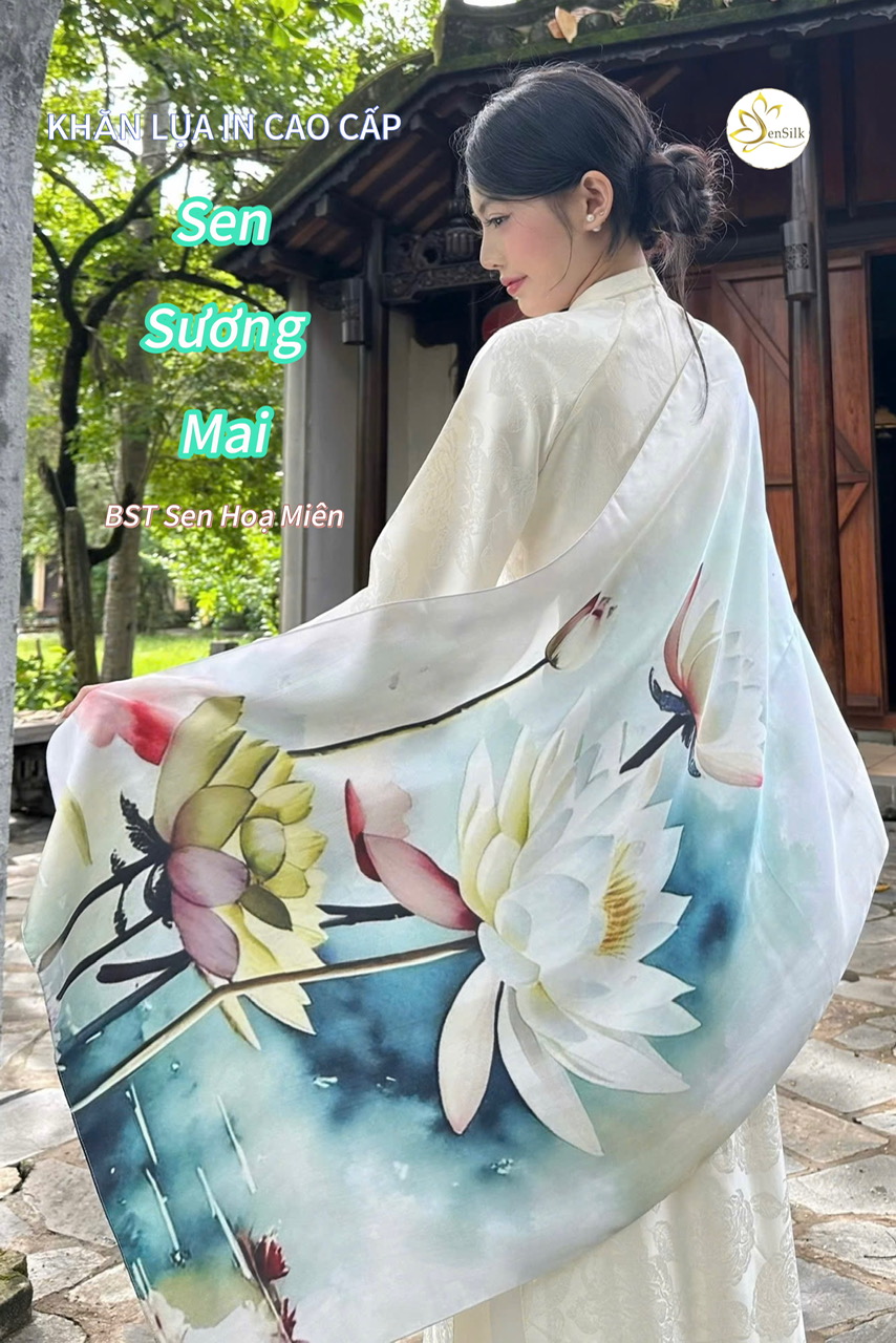 Khăn Lụa Tơ Tằm in Hoa Sen “Sen Sương Mai” – Quà Tặng Lụa Cao Cấp Việt Nam