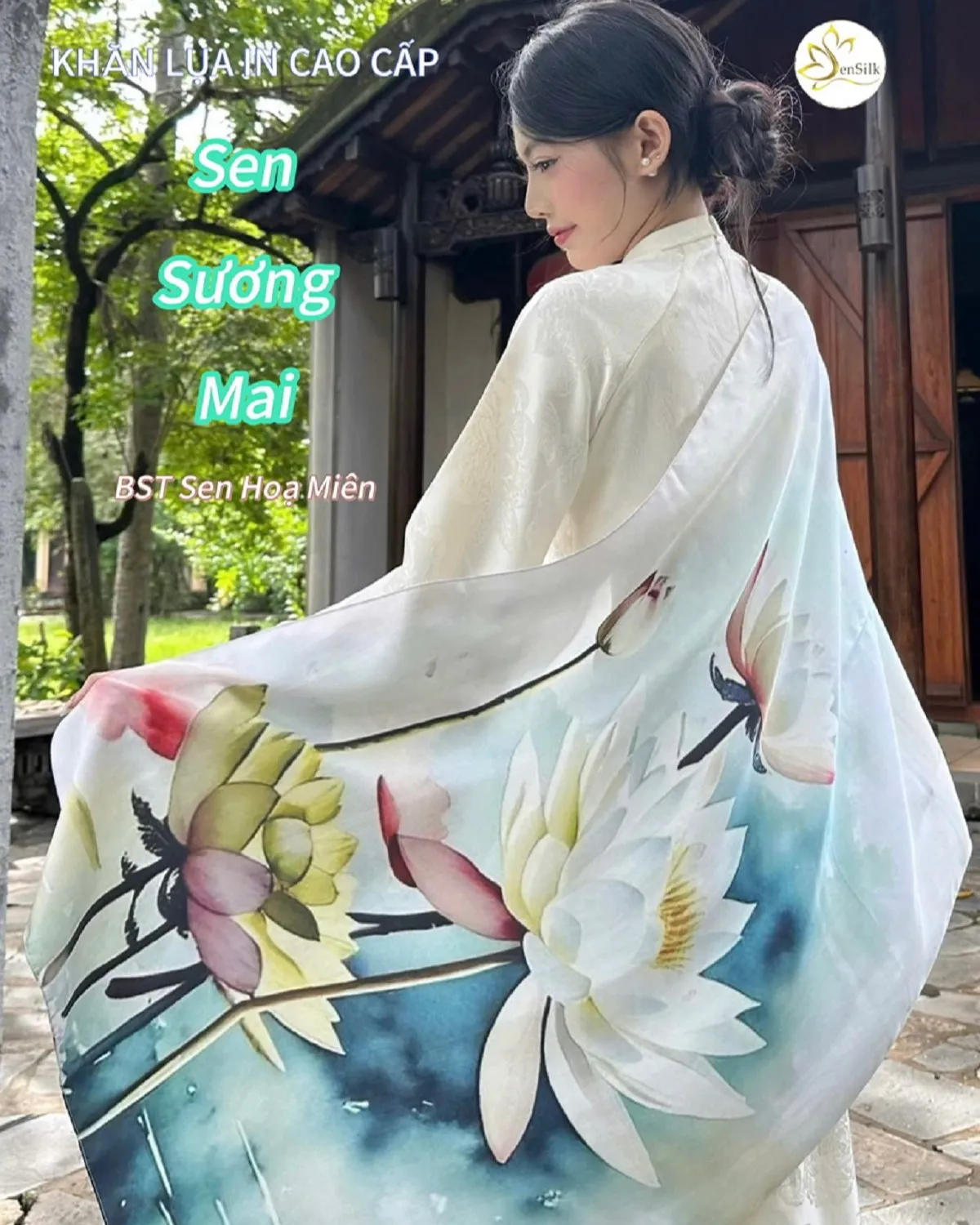 Khăn lụa tơ tằm Sen Sương Mai in kỹ thuật số trên nền lụa tơ tằm 100% – BST Sen Họa Miên SenSilk