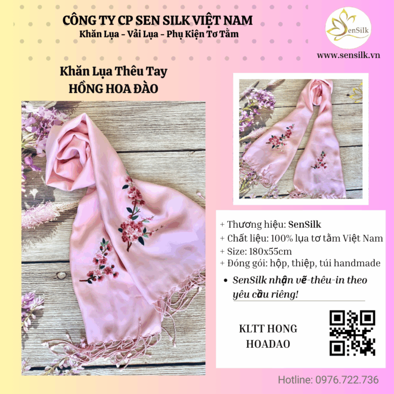✨ Khăn thêu hoa đào – Sắc xuân vĩnh cửu trên từng thớ lụa ✨