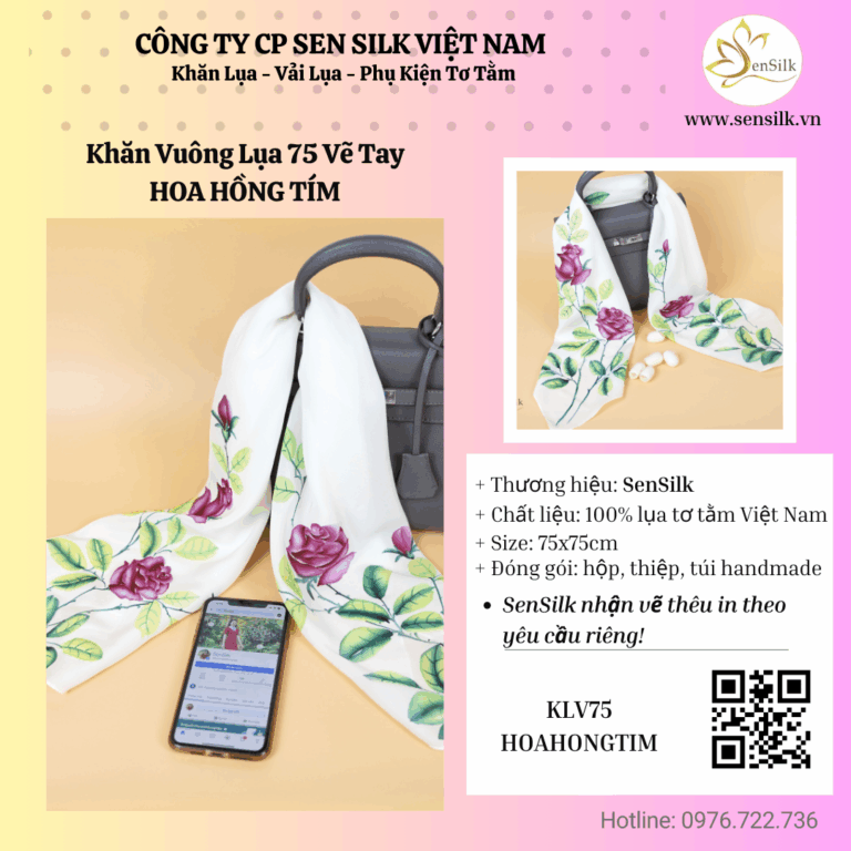 ✨ Khăn lụa vuông hoa hồng tím – Quà tặng thay lời muốn nói