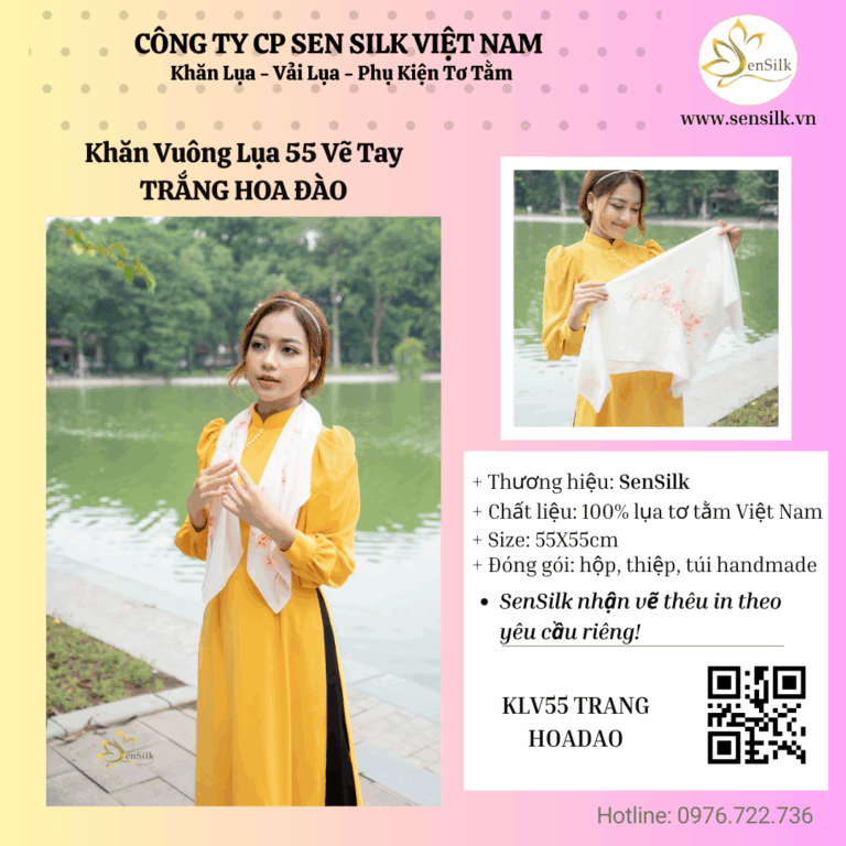 🌸 Khăn Lụa Vẽ Tay Hoa Đào – Sắc Xuân Cho Mùa Tri Ân