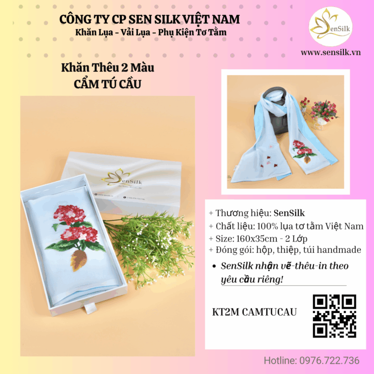 🌸 Khăn Lụa Thêu Tay Hoa Cẩm Tú Cầu – Lời Tri Ân Dịu Dàng Ngày 20/11 🌸