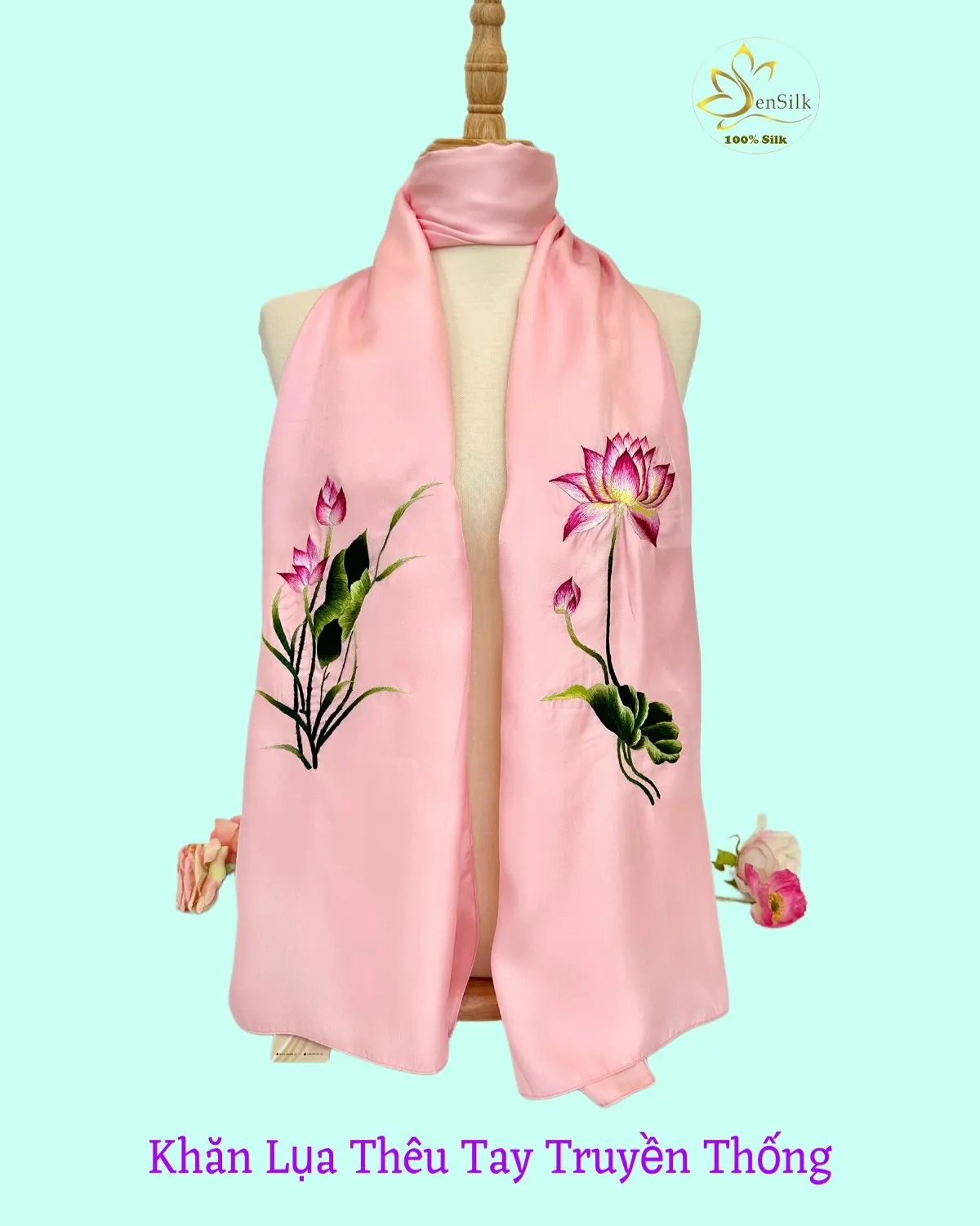 Khăn lụa thêu tay hoa sen truyền thống SenSilk trên nền lụa tơ tằm