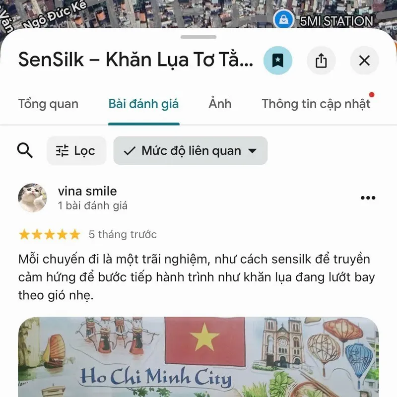 Đánh giá 5 sao của khách hàng Vina Smile về khăn lụa SenSilk trên Google Maps