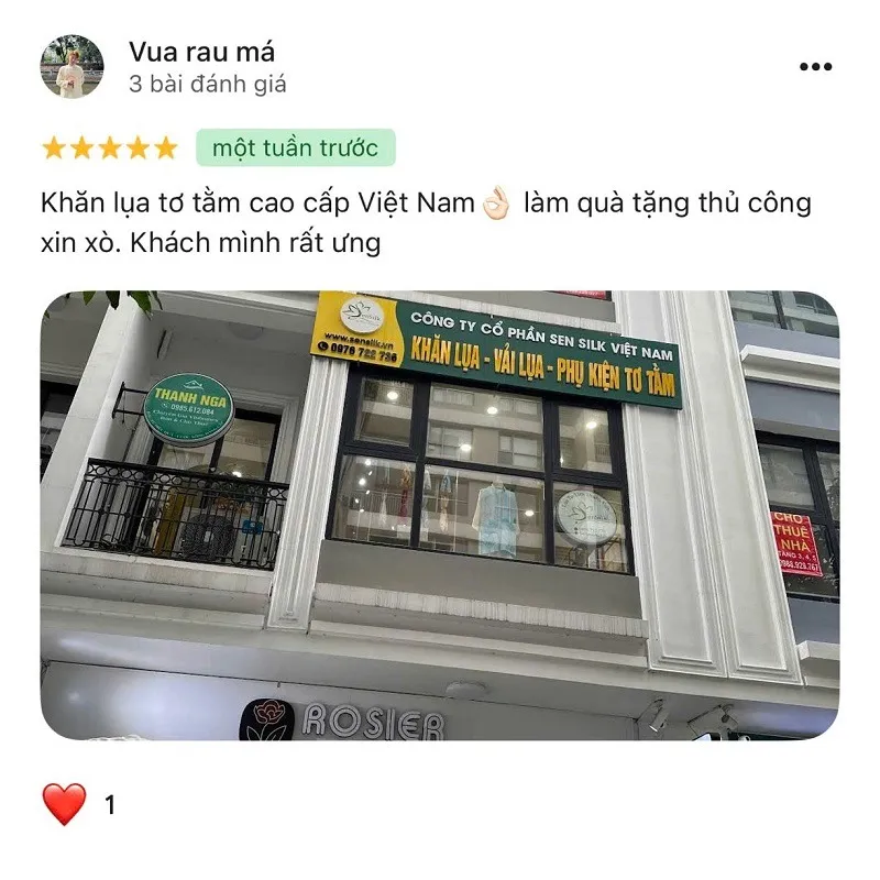 Đánh giá 5 sao của khách hàng về khăn lụa tơ tằm cao cấp SenSilk trên Google Maps