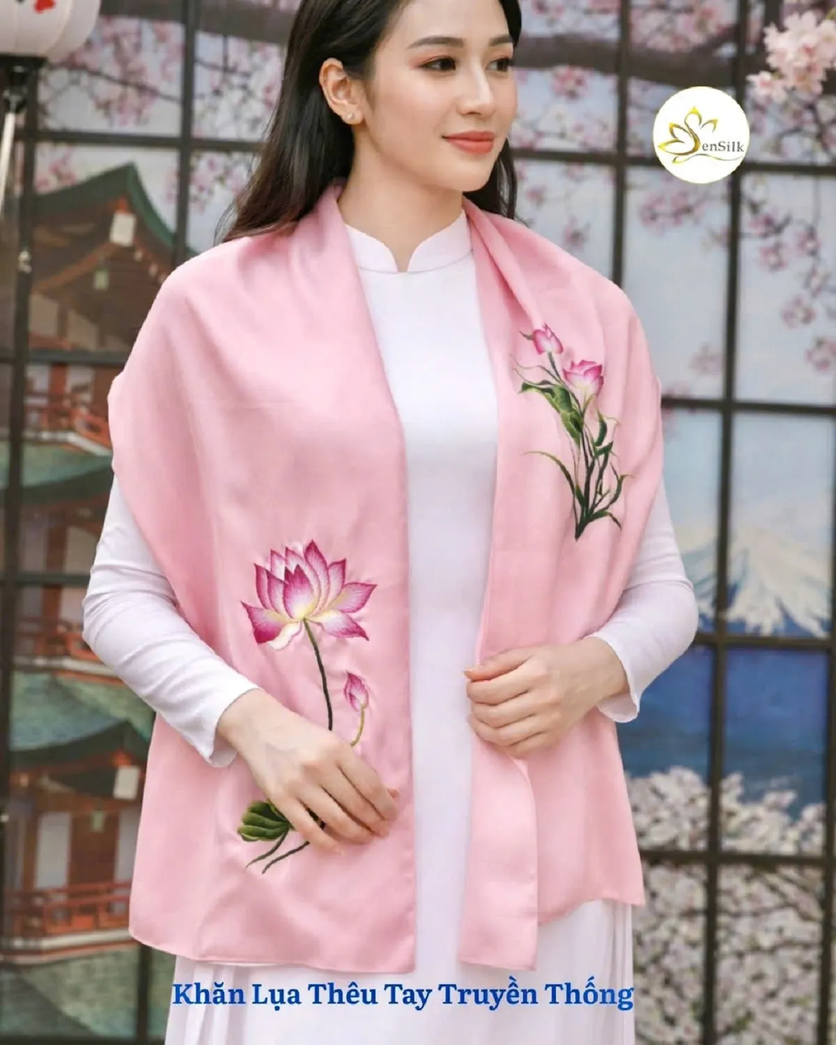 Khăn lụa thêu tay hoa sen - sensilk quà tặng việt nam