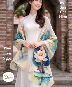 Khăn choàng lụa tơ tằm in 3D Thái Liên Ngọc SenSilk kích thước 180x62cm