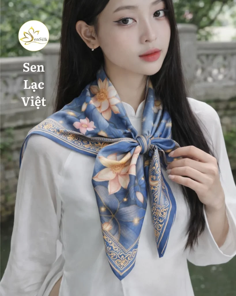 Khăn lụa tơ tằm in 3D SenSilk họa tiết Sen Lạc Việt lấy cảm hứng từ hoa sen và họa tiết truyền thống, thiết kế nghệ thuật tinh tế.