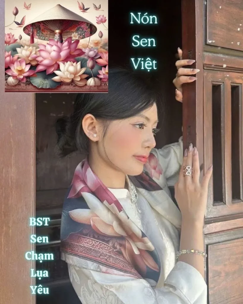 Khăn lụa tơ tằm in 3D SenSilk họa tiết Nón Sen Việt với hình ảnh nón lá và hoa sen, thiết kế nghệ thuật in kỹ thuật số mang nét đẹp văn hóa Việt.