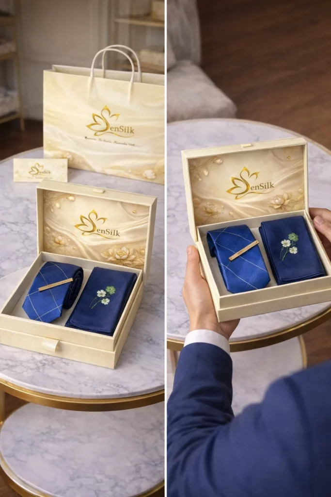 Quà tặng lụa SenSilk gồm khăn lụa và phụ kiện tơ tằm trong hộp quà sang trọng