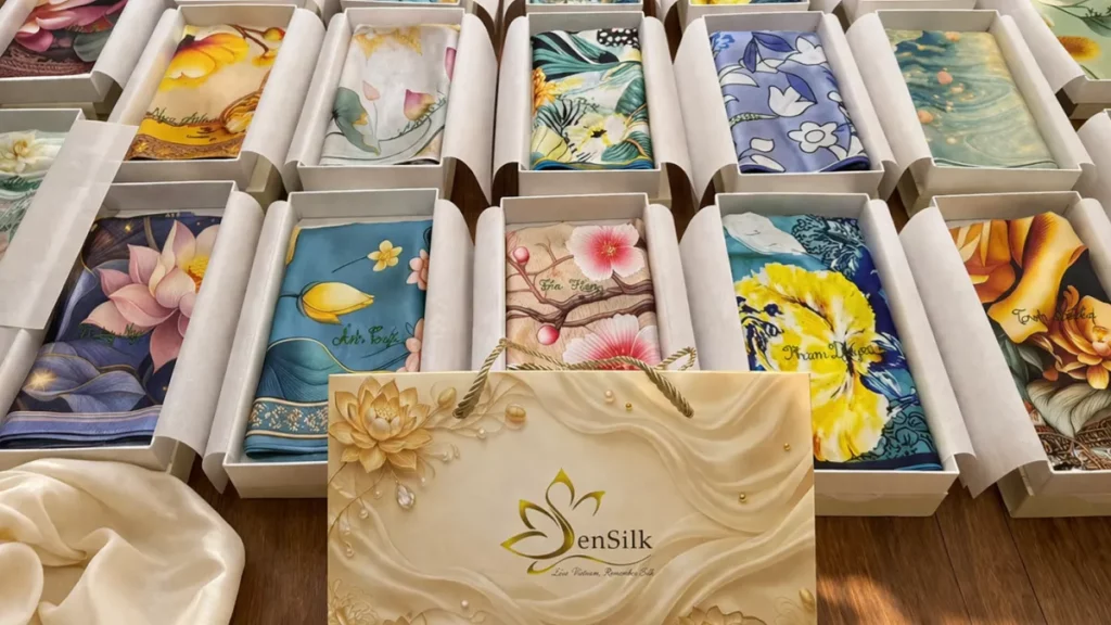 Khăn lụa cao cấp SenSilk vẽ tay hoa sen đóng hộp quà sang trọng dành tặng mẹ, sếp và đối tác