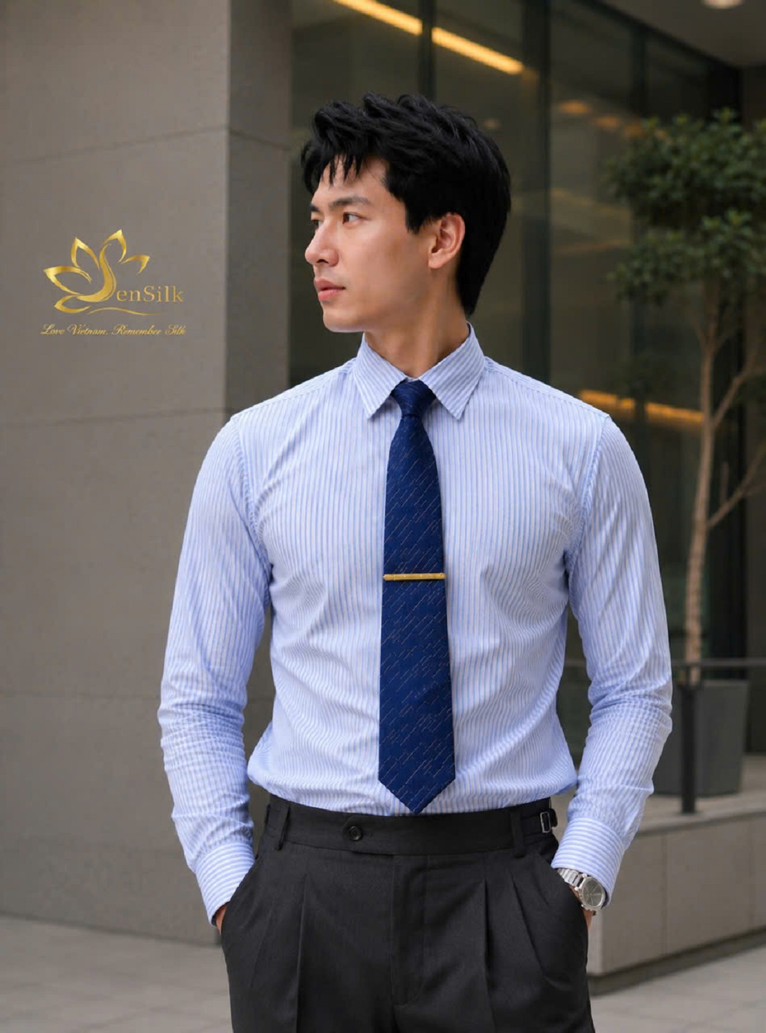 Quý ông mặc sơ mi phối cà vạt nam cao cấp SenSilk phong cách business luxury hiện đại