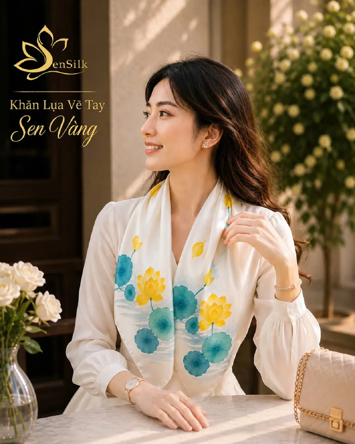 Thiếu nữ quàng khăn lụa vuông vẽ tay sen vàng sensilk