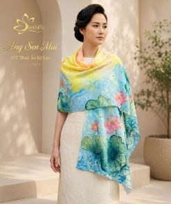 Khăn lụa Thủy Ấn vẽ tay độc bản Áng Sen Mai thuộc bộ sưu tập Thủy Ấn Kỷ Lụa của SenSilk