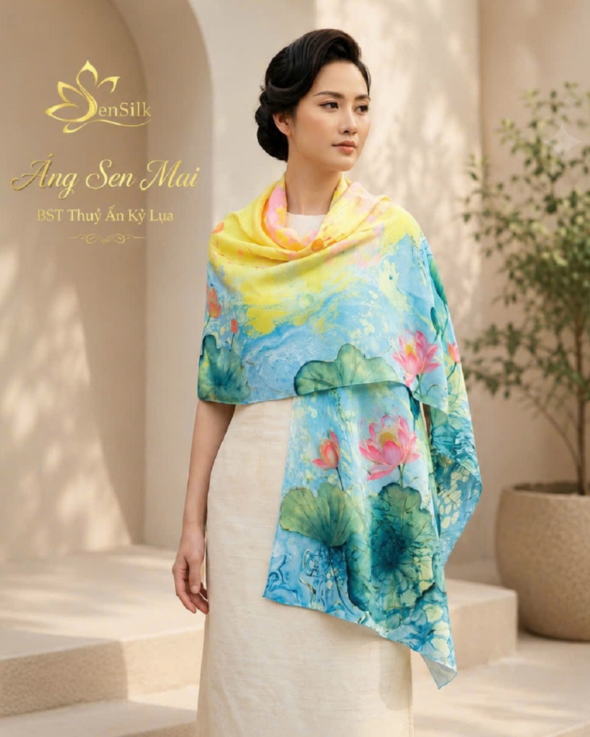 Khăn lụa quà tặng cao cấp Thủy Ấn Áng Sen Mai - BST Thủy Ấn Kỷ Lụa