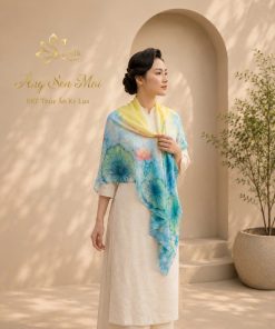 Khăn lụa vẽ tay nghệ thuật Áng Sen Mai với họa tiết hoa sen và sắc màu Thủy Ấn