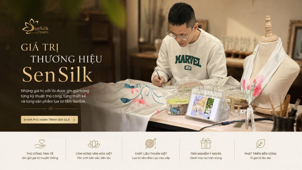Nghệ nhân SenSilk sáng tạo khăn lụa tơ tằm thủ công, thể hiện những giá trị cốt lõi của thương hiệu và hành trình gìn giữ nghệ thuật lụa Việt Nam