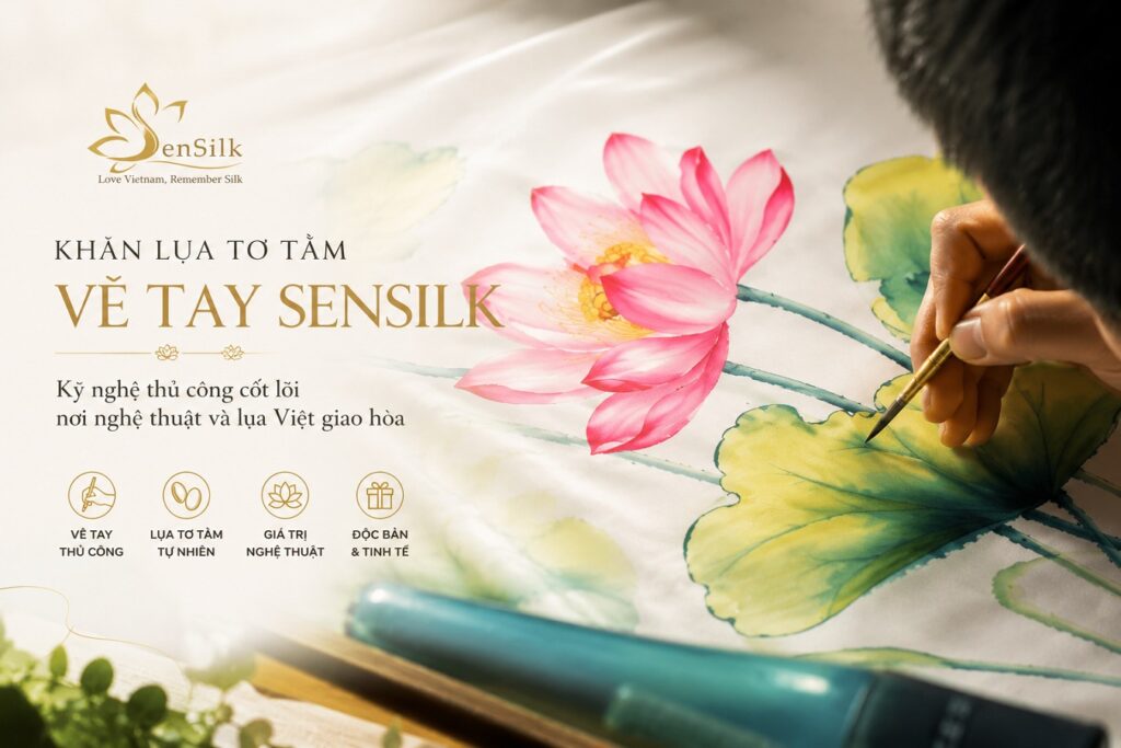 Nghệ nhân SenSilk vẽ tay trên khăn lụa tơ tằm tự nhiên – kỹ nghệ thủ công cốt lõi tạo nên những tác phẩm lụa nghệ thuật độc bản