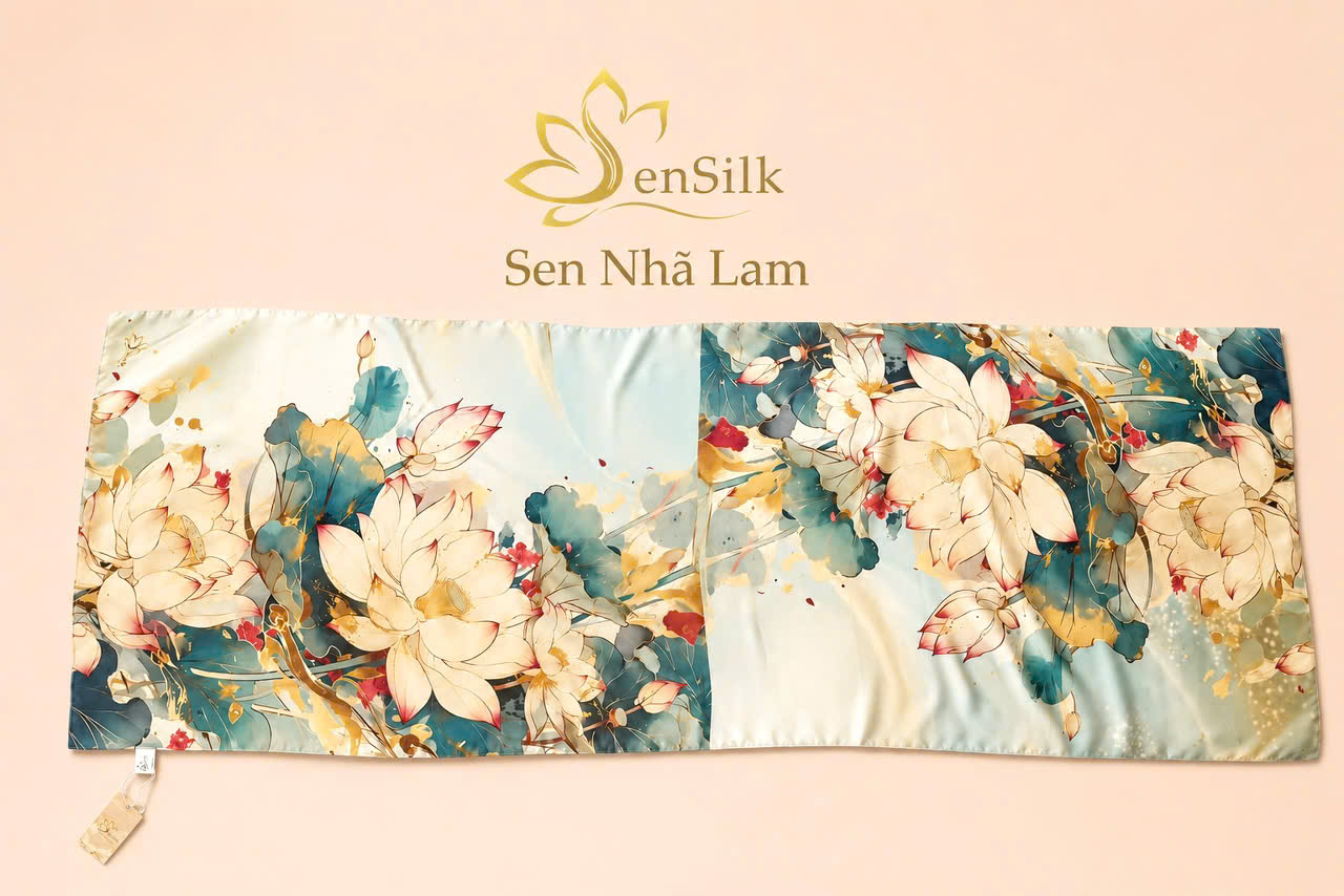 Toàn cảnh họa tiết hoa sen nghệ thuật trên khăn lụa tơ tằm in 3D Sen Nhã Lam