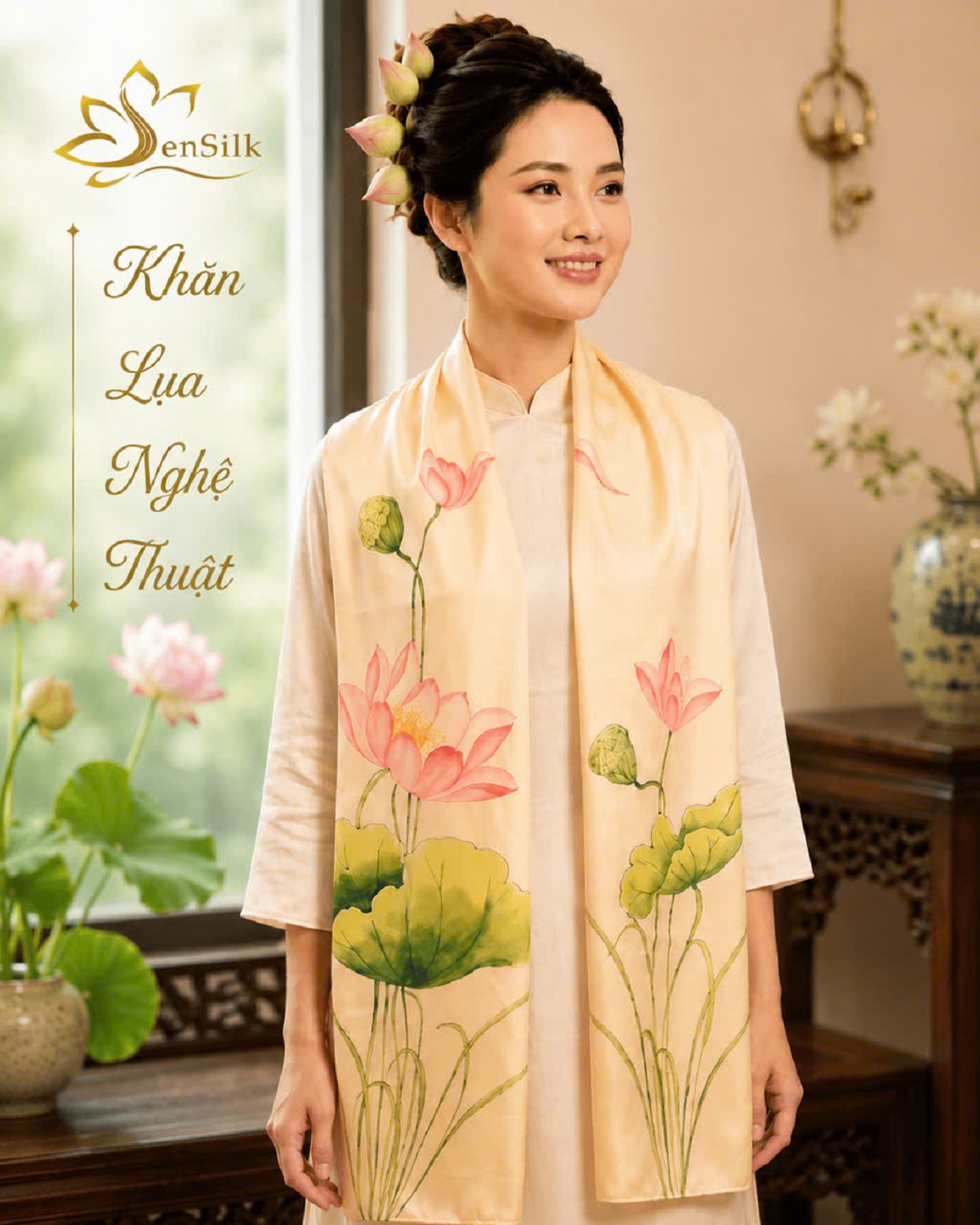 Người mẫu quàng khăn lụa vẽ tay nghệ thuật hoa sen - quà tặng việt nam