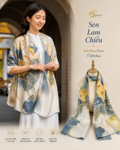 Khăn lụa tơ tằm in 3D Sen Lam Chiều SenSilk với sắc lam dịu nhẹ và họa tiết hoa sen nghệ thuật