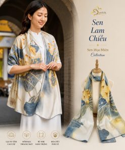 Khăn lụa tơ tằm in 3D Sen Lam Chiều SenSilk với sắc lam dịu nhẹ và họa tiết hoa sen nghệ thuật