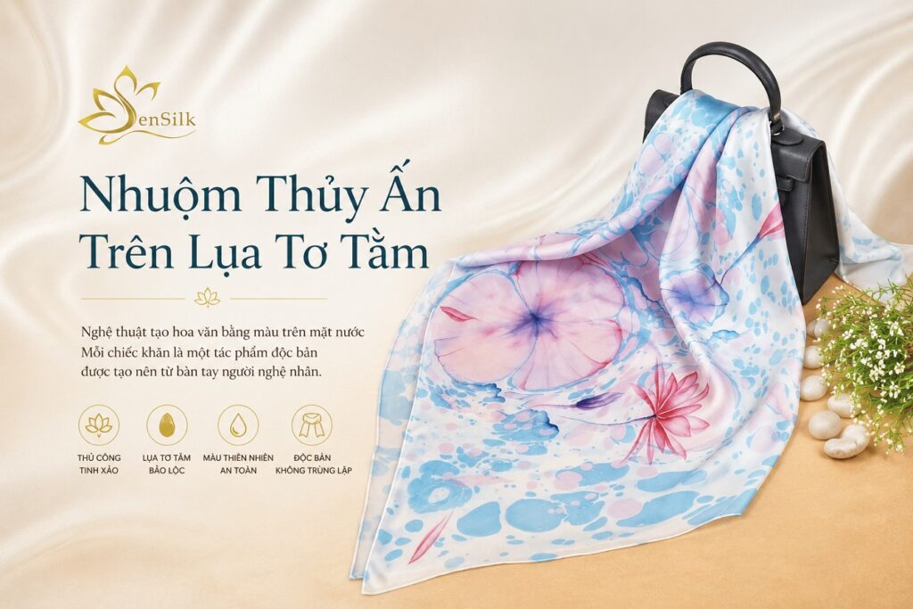 Khăn lụa tơ tằm nhuộm thủy ấn SenSilk với họa tiết độc bản được tạo bằng nghệ thuật thủ công trên mặt nước.