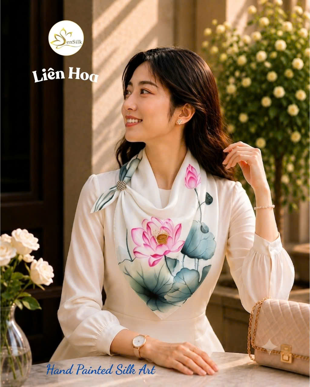 Người mẫu quàng khăn lụa vẽ tay Liên Hoa sang trọng