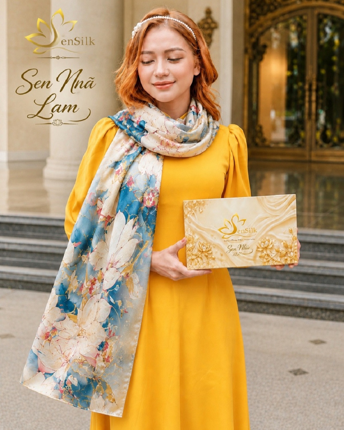 Người mẫu phối khăn lụa tơ tằm Sen Nhã Lam với trang phục thanh lịch sang trọng